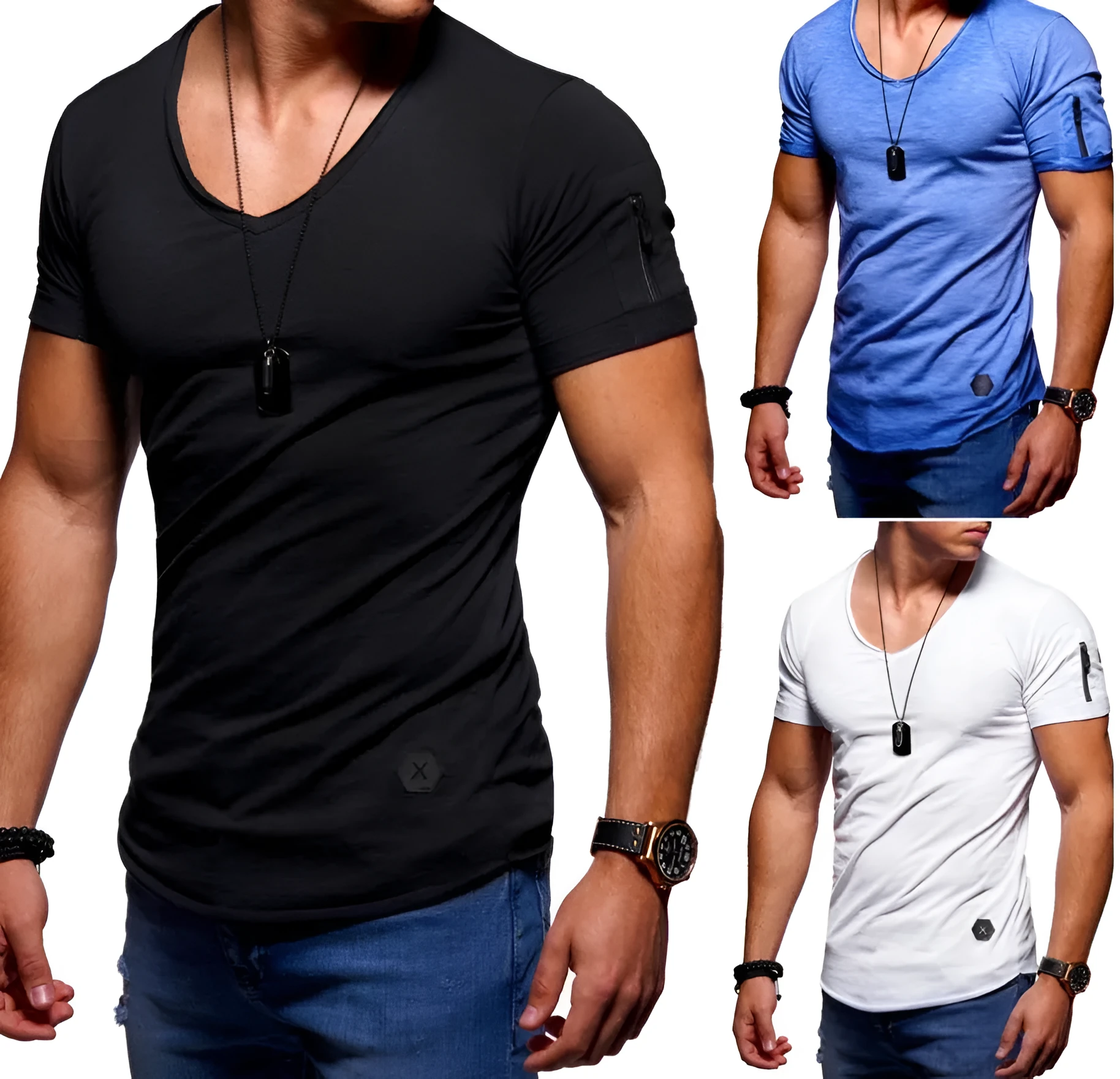 Men's V-neck short-sleeved slim fit youth shirt in a cotton-polyester blend, shown in white, black, and navy colours