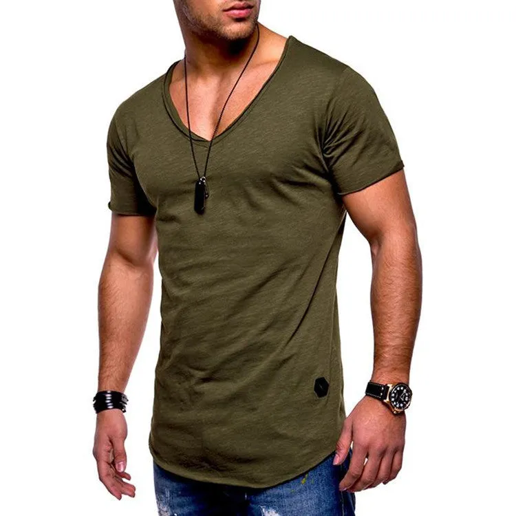 Men's V-neck short-sleeved slim fit youth shirt in a cotton-polyester blend, shown in white, black, and navy colours