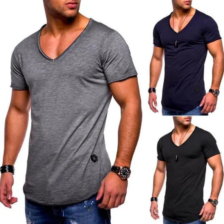 Men's V-neck short-sleeved slim fit youth shirt in a cotton-polyester blend, shown in white, black, and navy colours