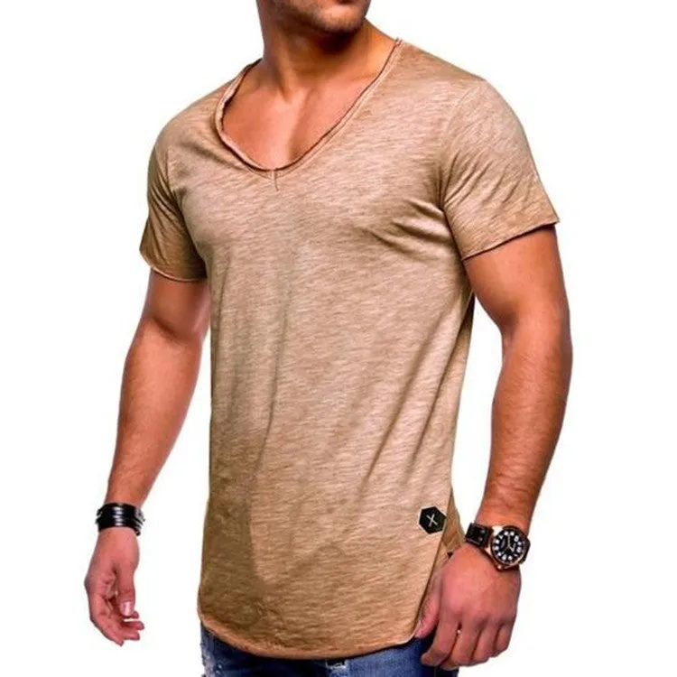 Men's V-neck short-sleeved slim fit youth shirt in a cotton-polyester blend, shown in white, black, and navy colours