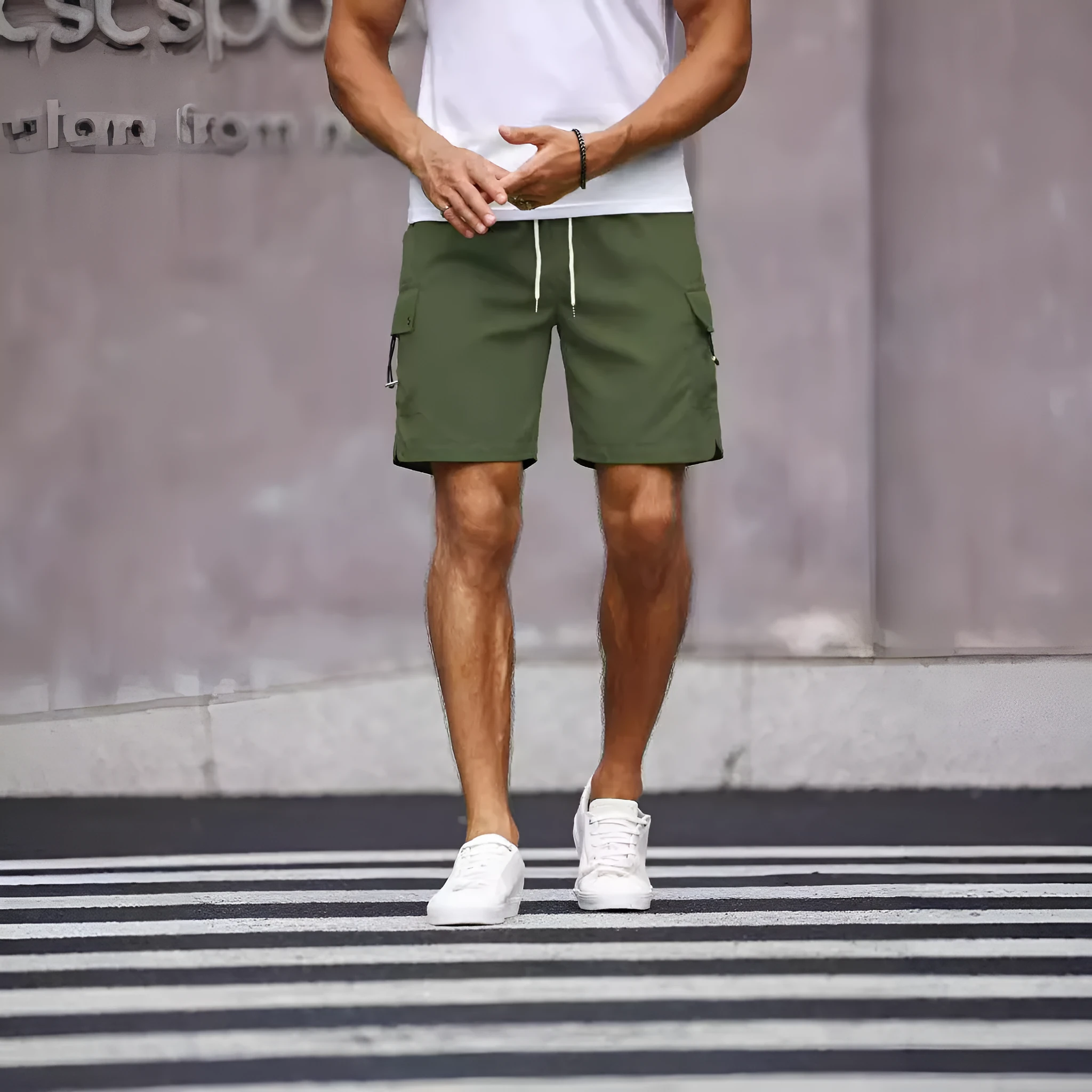 Men's loose fit workwear shorts in army green colour with straight leg cut and micro-elastic fabric