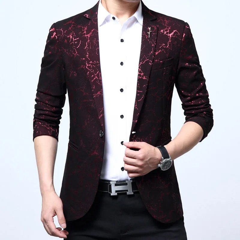 Men's slim casual Korean-style suit in black with suit collar, single-breasted button, and long sleeves on a mannequin