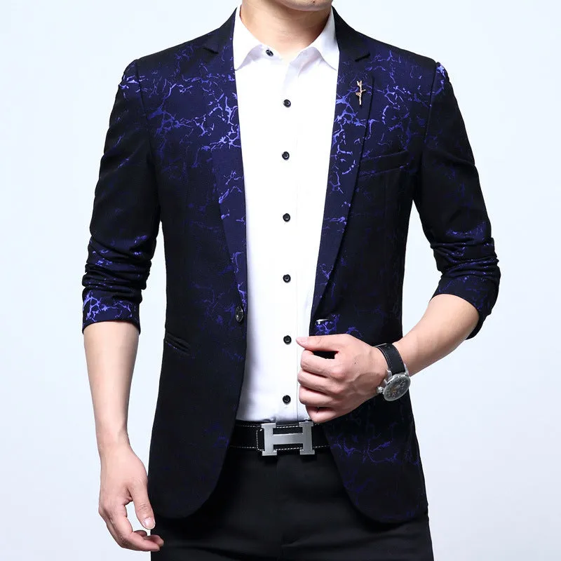 Men's slim casual Korean-style suit in black with suit collar, single-breasted button, and long sleeves on a mannequin