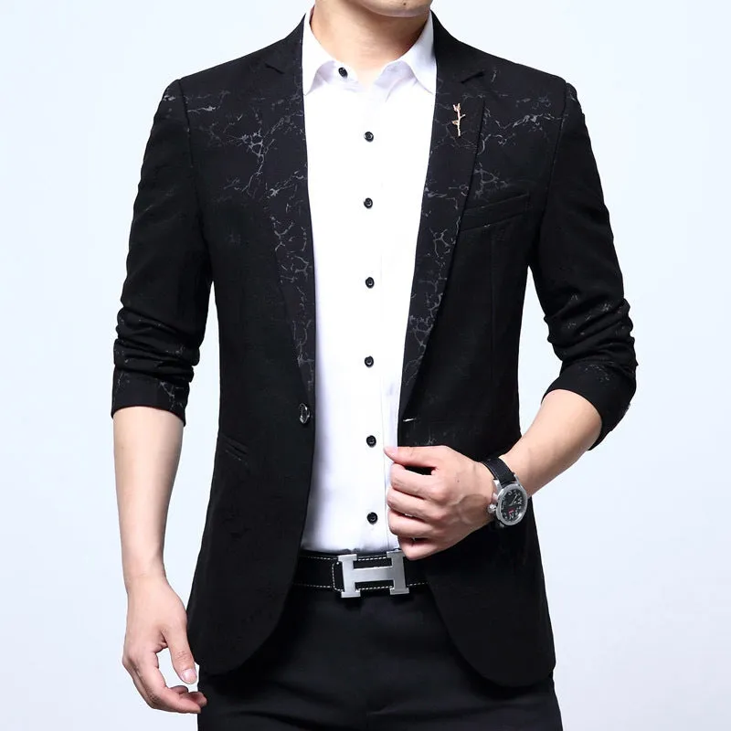 Men's slim casual Korean-style suit in black with suit collar, single-breasted button, and long sleeves on a mannequin