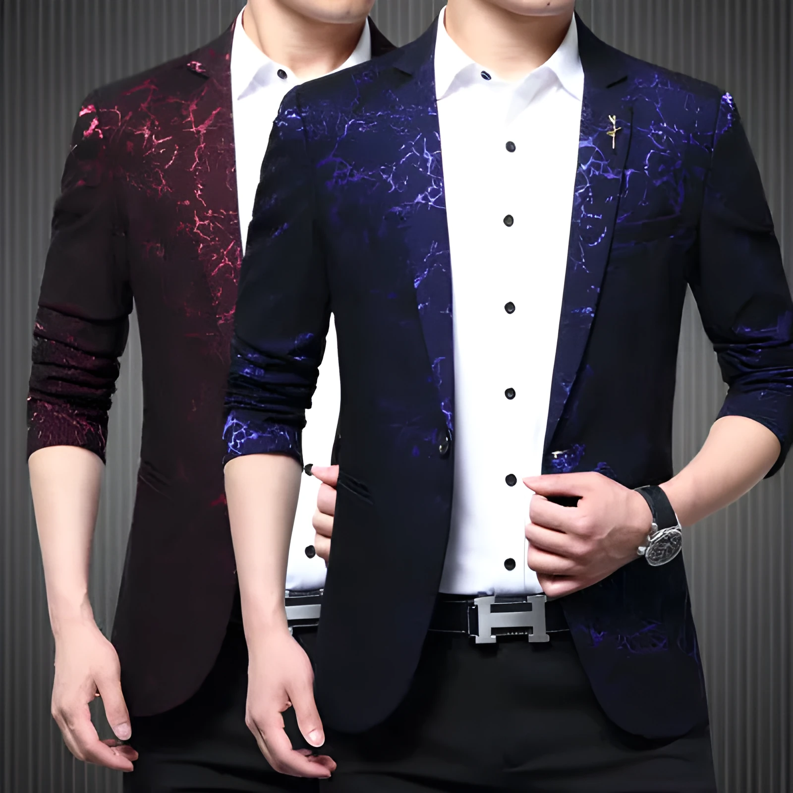 Men's slim casual Korean-style suit in black with suit collar, single-breasted button, and long sleeves on a mannequin