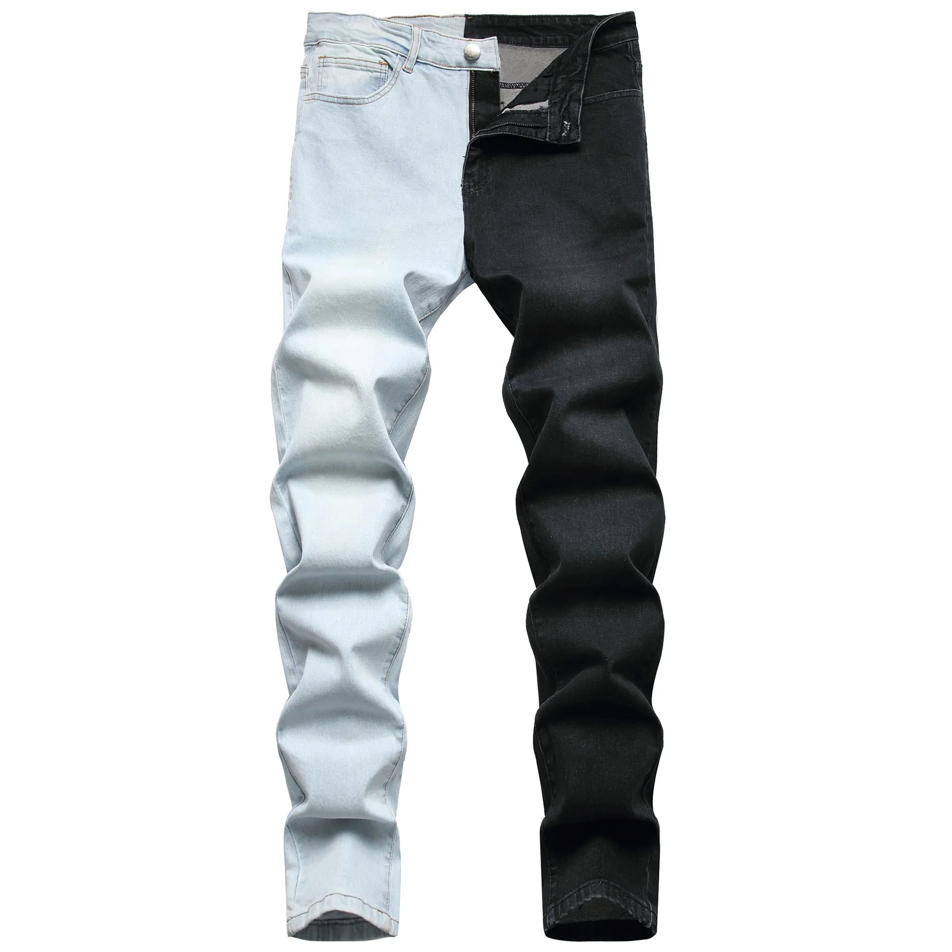 Men's two-colour stretch jeans in light blue and black denim, tight-fitting European style, sizes 30-40