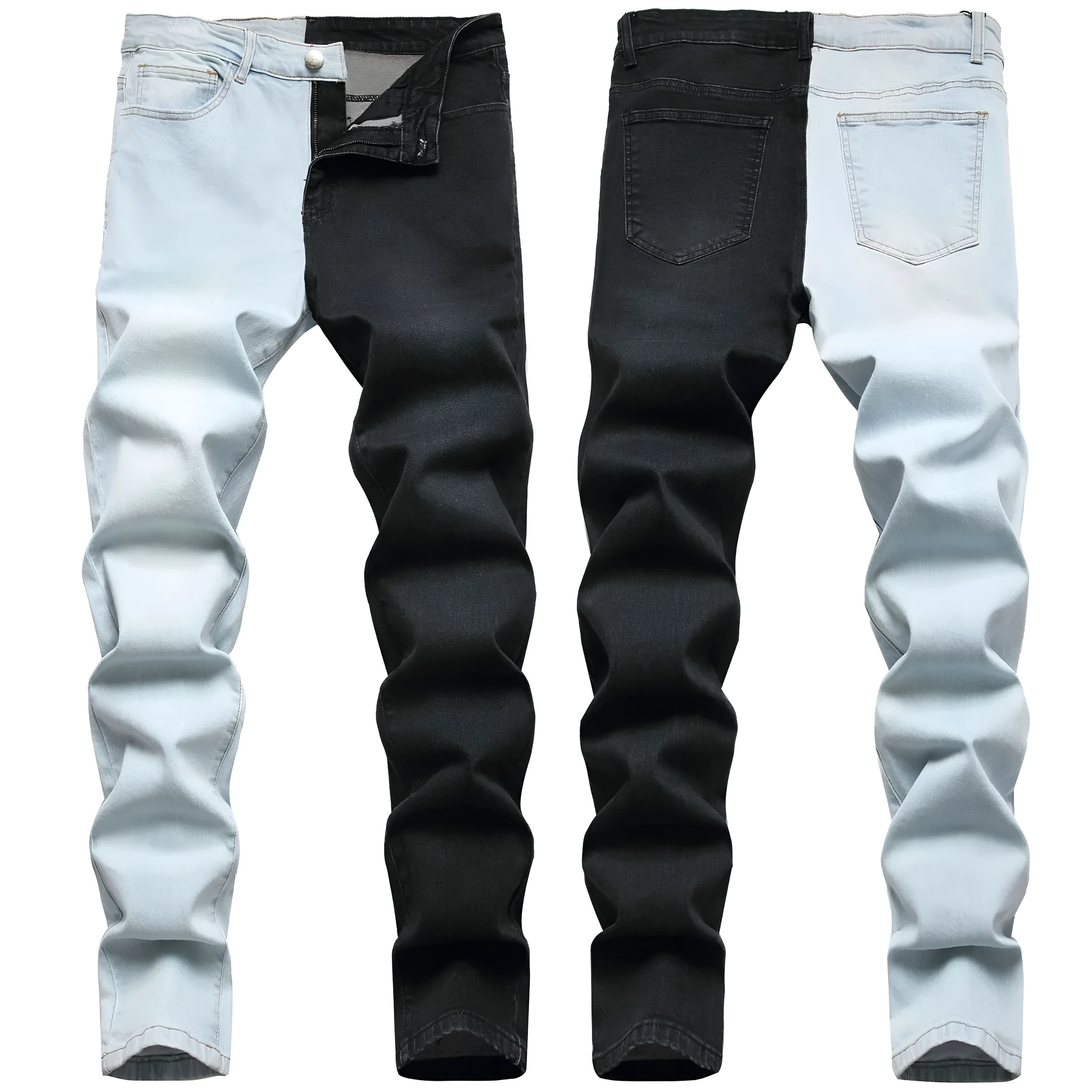 Men's two-colour stretch jeans in light blue and black denim, tight-fitting European style, sizes 30-40