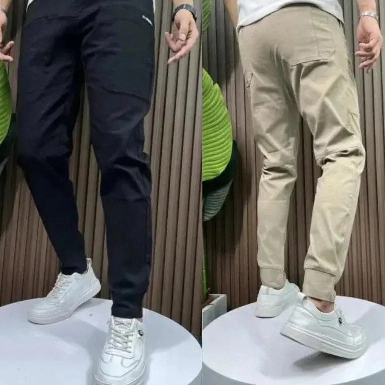 Men's ice silk stitching six-pocket high elastic casual pants in khaki colour