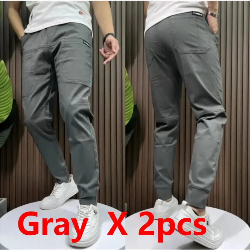 Men's ice silk stitching six-pocket high elastic casual pants in khaki colour