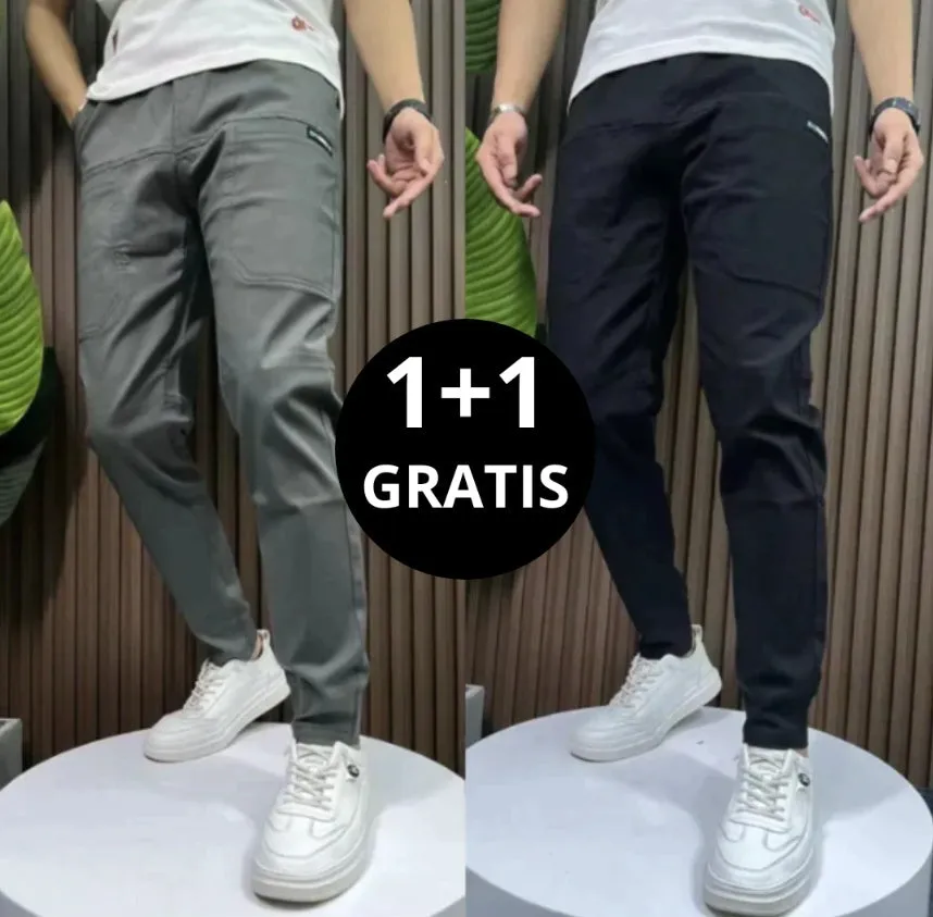Men's ice silk stitching six-pocket high elastic casual pants in khaki colour