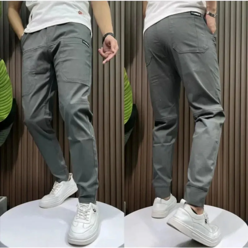 Men's ice silk stitching six-pocket high elastic casual pants in khaki colour