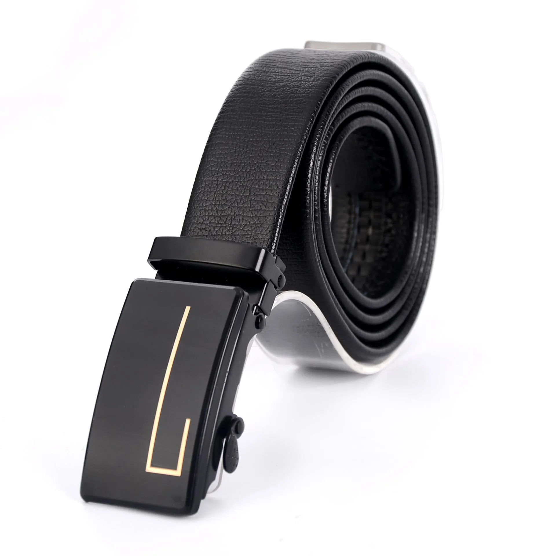Men's automatic buckle belt with mirror acrylic iron button, patent leather finish, showing buckle close-up