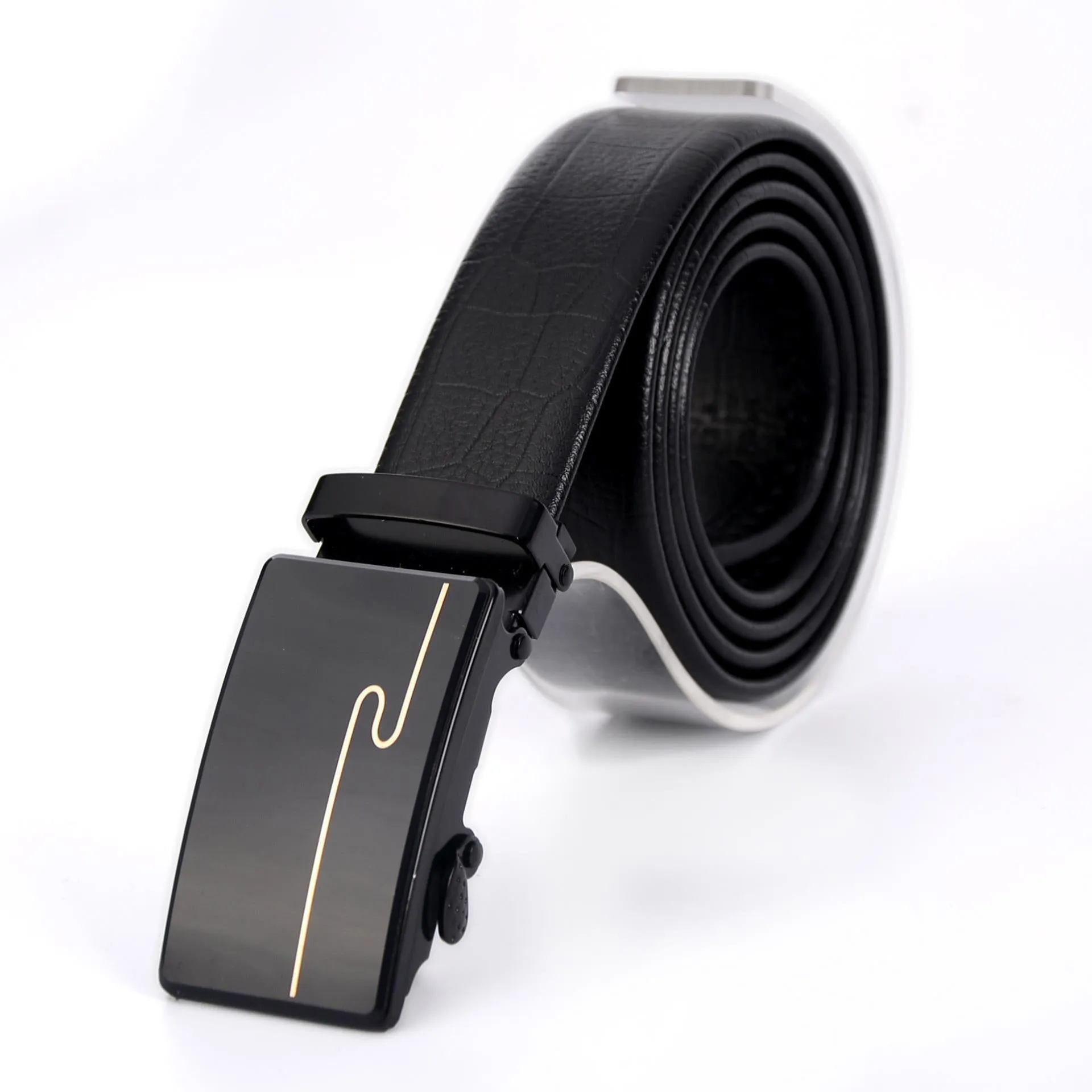 Men's automatic buckle belt with mirror acrylic iron button, patent leather finish, showing buckle close-up