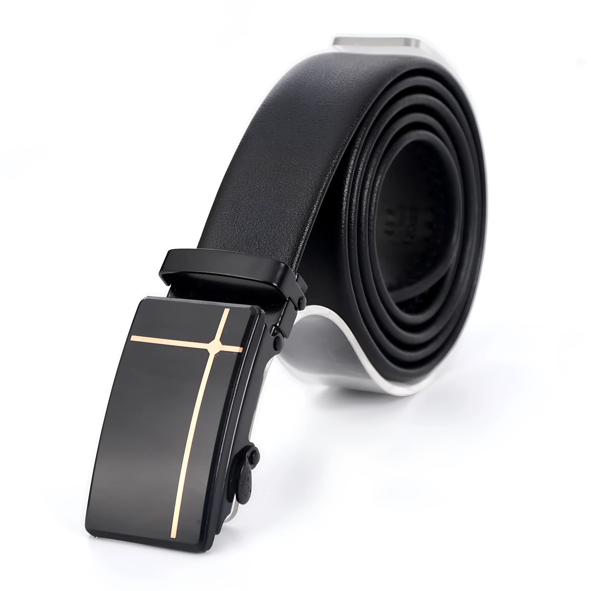 Men's automatic buckle belt with mirror acrylic iron button, patent leather finish, showing buckle close-up