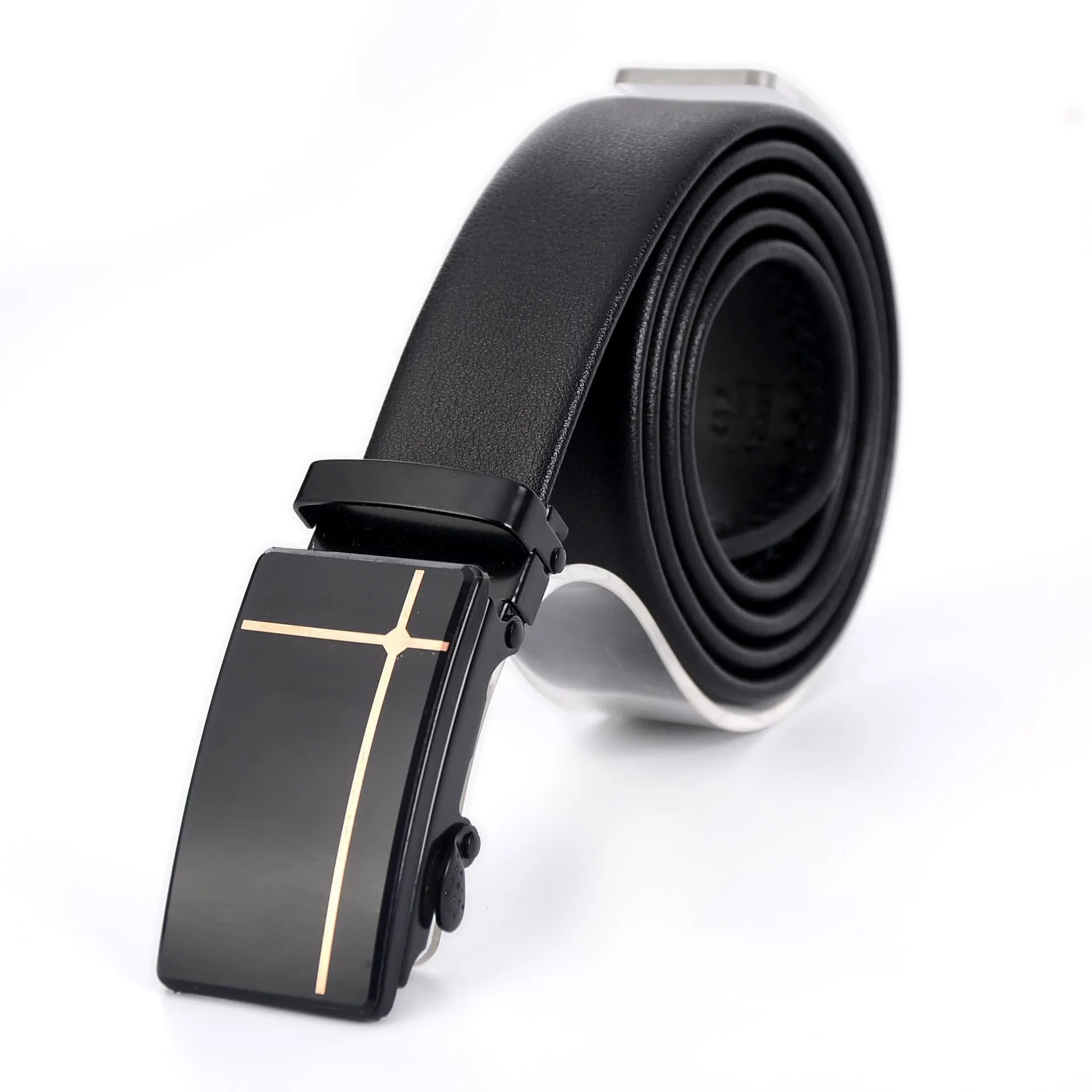 Men's automatic buckle belt with mirror acrylic iron button, patent leather finish, showing buckle close-up