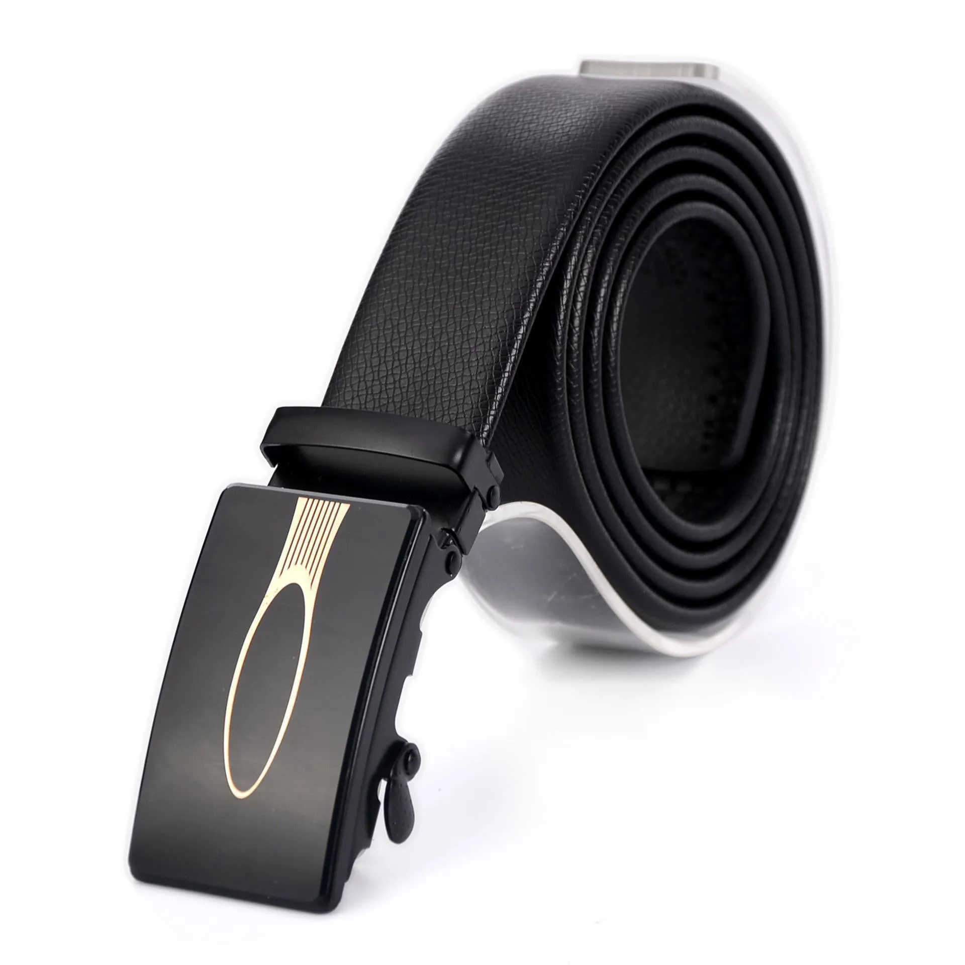 Men's automatic buckle belt with mirror acrylic iron button, patent leather finish, showing buckle close-up