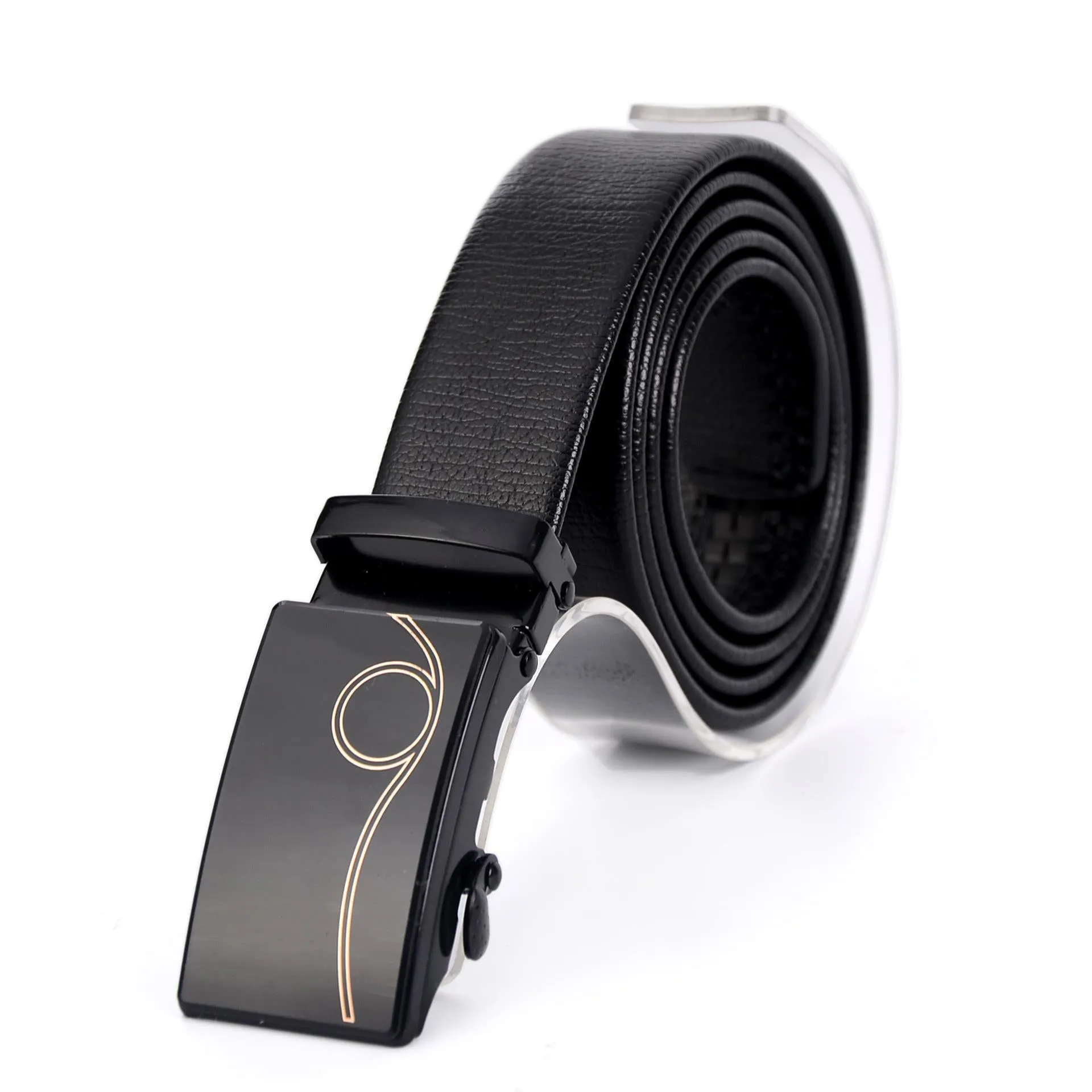 Men's automatic buckle belt with mirror acrylic iron button, patent leather finish, showing buckle close-up