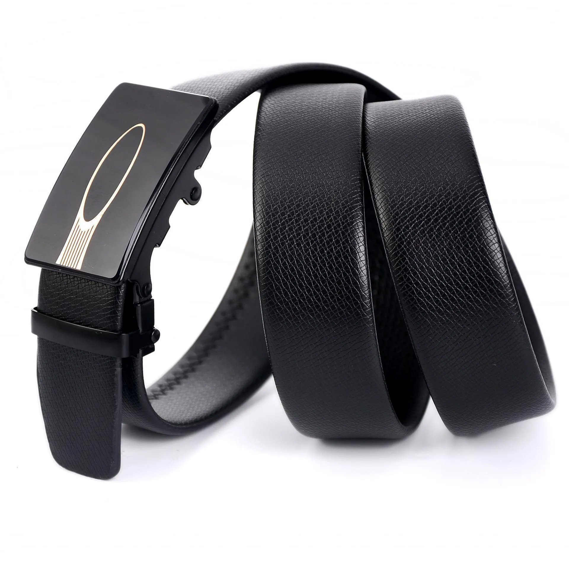 Men's automatic buckle belt with mirror acrylic iron button, patent leather finish, showing buckle close-up