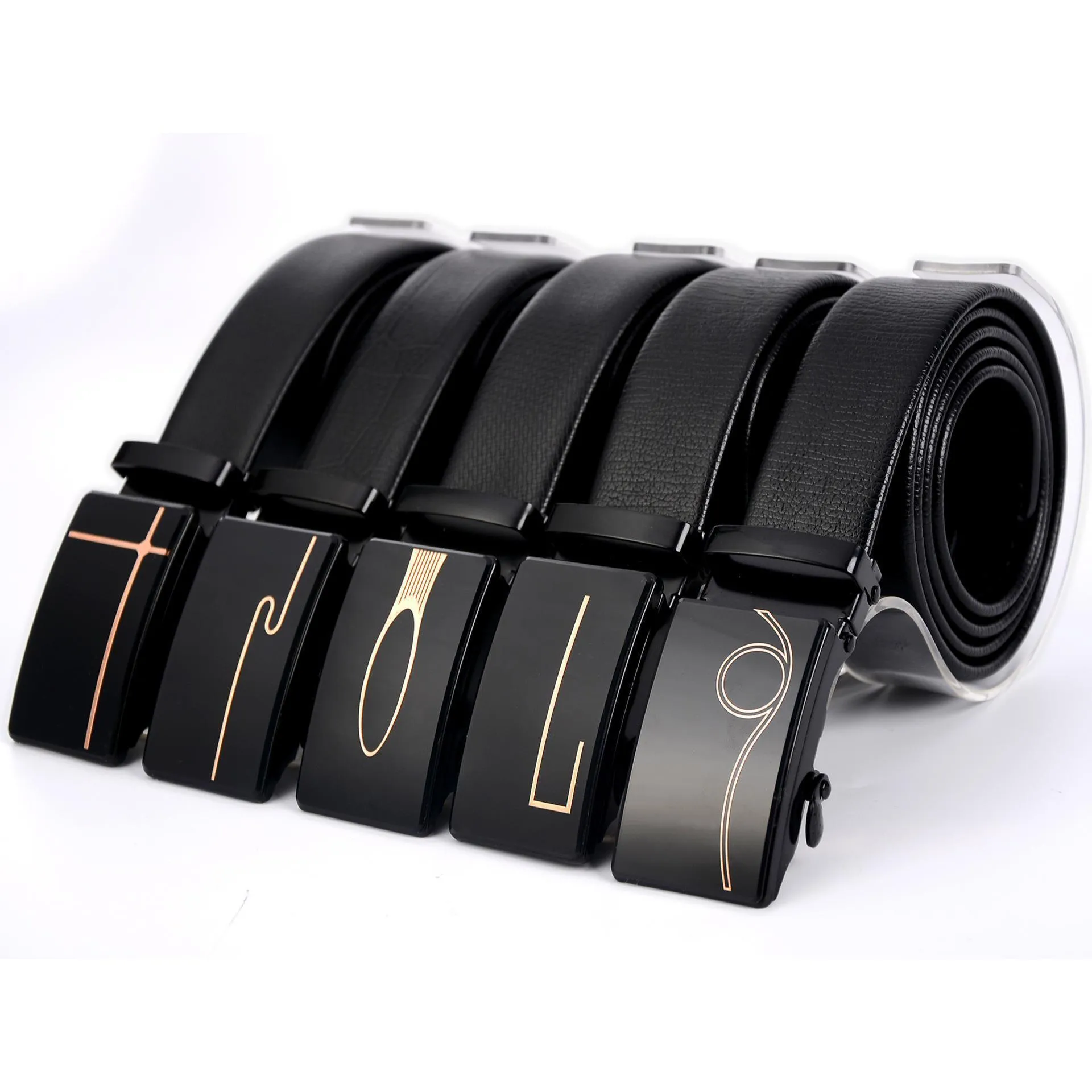 Men's automatic buckle belt with mirror acrylic iron button, patent leather finish, showing buckle close-up