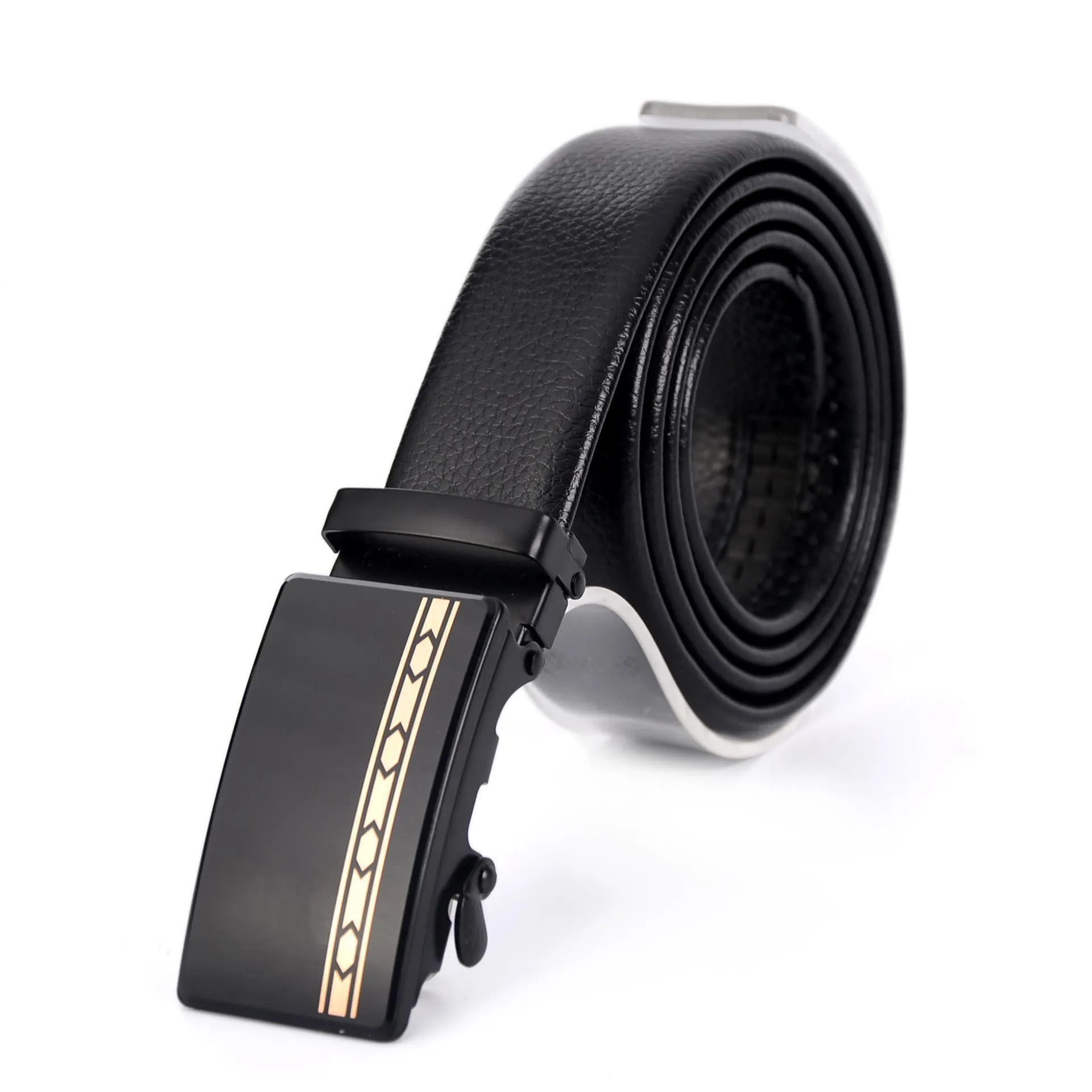 Men's automatic buckle belt with mirror acrylic iron button, patent leather finish, showing buckle close-up