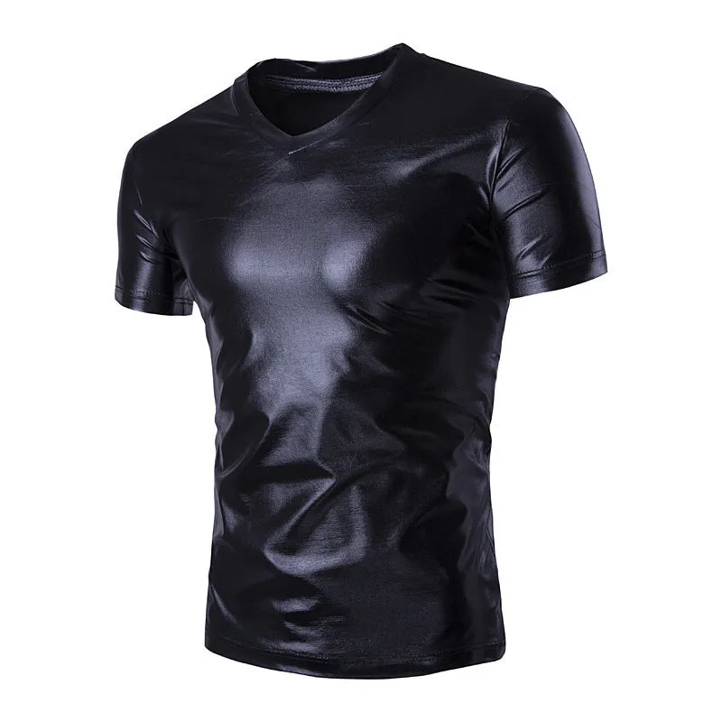 Men's short-sleeved shiny cotton blended T-shirt in black, yellow, and silver, sizes M to XXXL