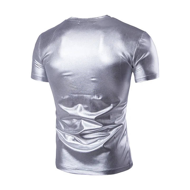 Men's short-sleeved shiny cotton blended T-shirt in black, yellow, and silver, sizes M to XXXL