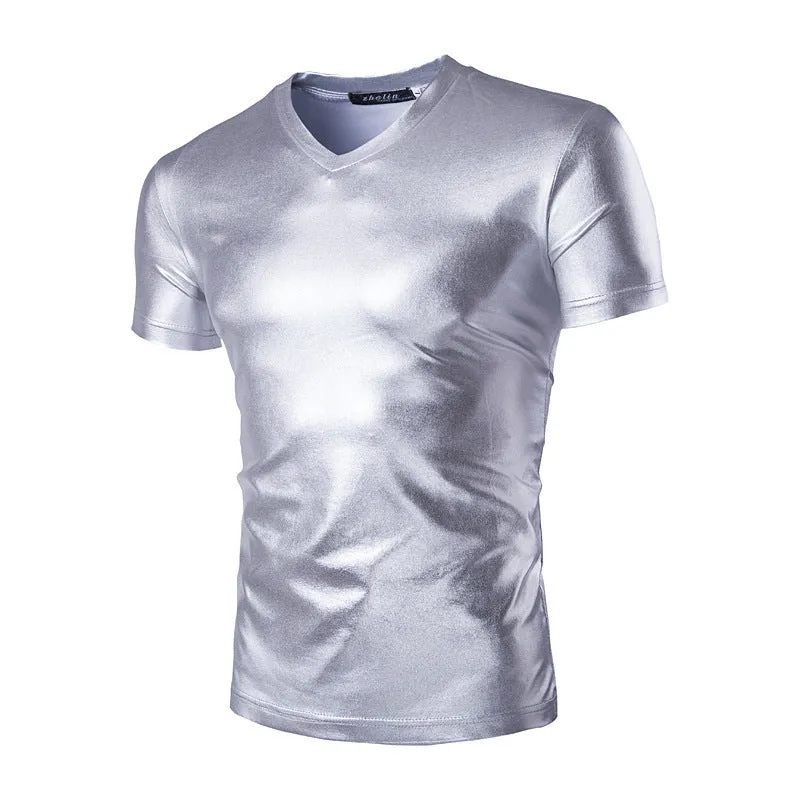 Men's short-sleeved shiny cotton blended T-shirt in black, yellow, and silver, sizes M to XXXL