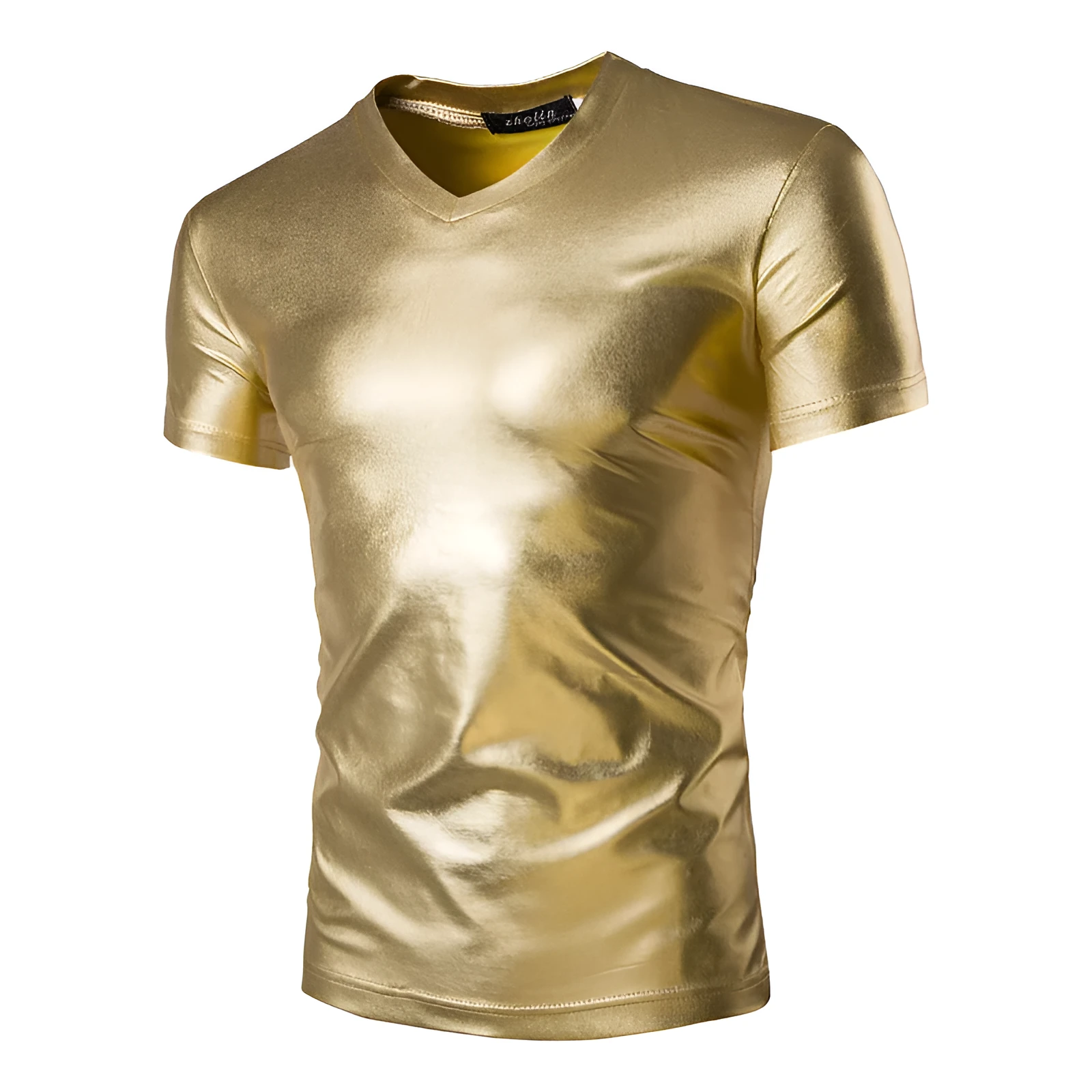 Men's short-sleeved shiny cotton blended T-shirt in black, yellow, and silver, sizes M to XXXL