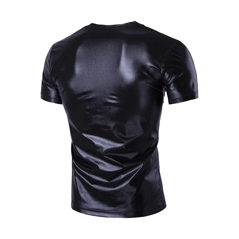 Men's short-sleeved shiny cotton blended T-shirt in black, yellow, and silver, sizes M to XXXL