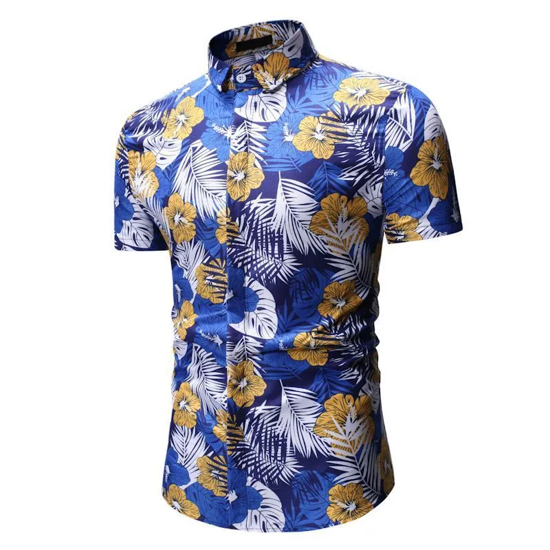 Men's summer beach short-sleeved floral shirt with square collar in blue polyester fibre