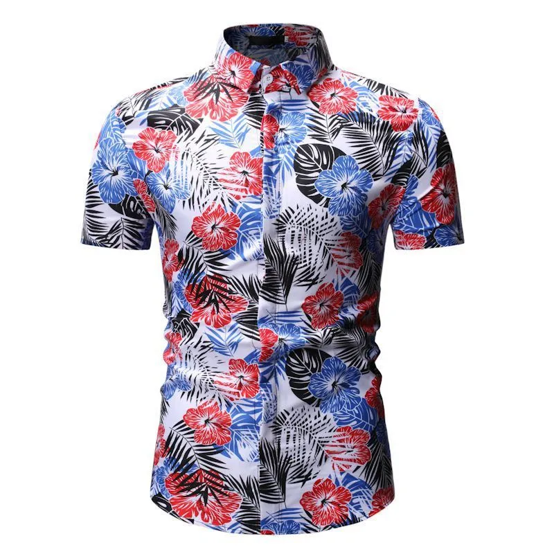 Men's summer beach short-sleeved floral shirt with square collar in blue polyester fibre