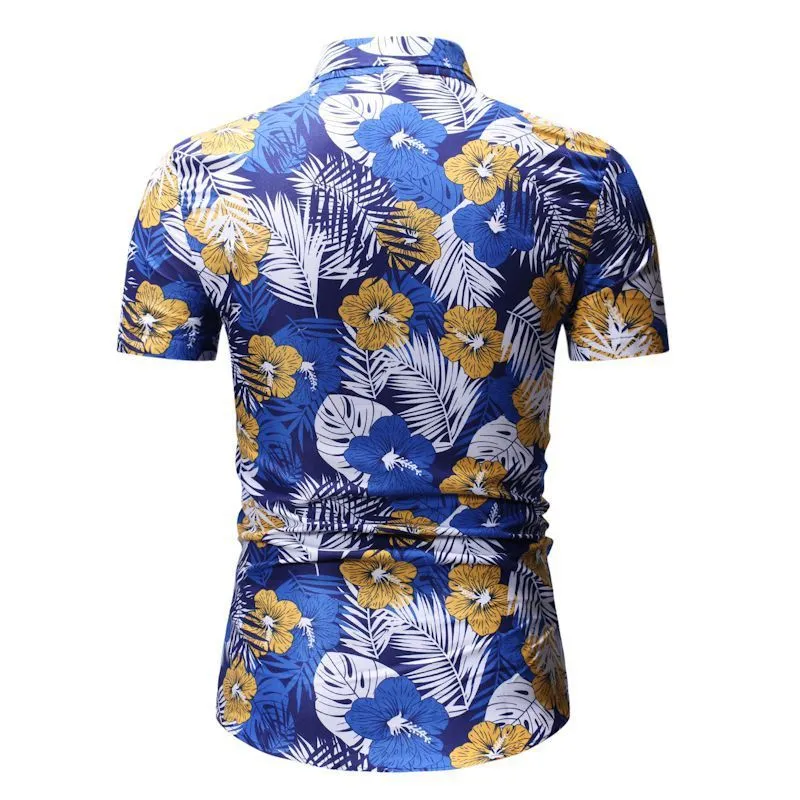 Men's summer beach short-sleeved floral shirt with square collar in blue polyester fibre