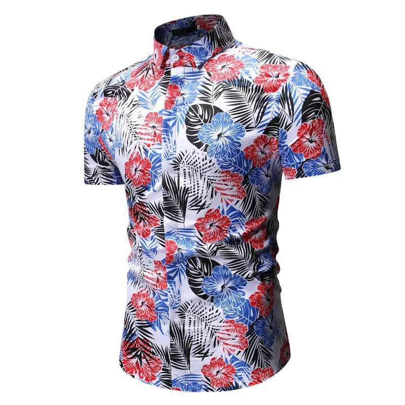 Men's summer beach short-sleeved floral shirt with square collar in blue polyester fibre