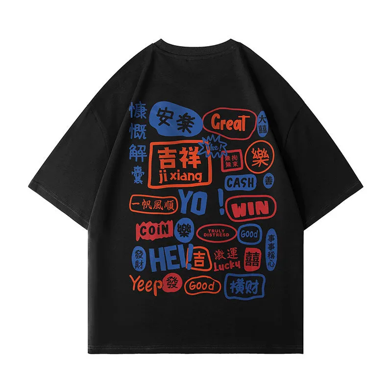 Men manga graphic cotton t-shirt with Harajuku graffiti print in black, round neck short sleeve summer top
