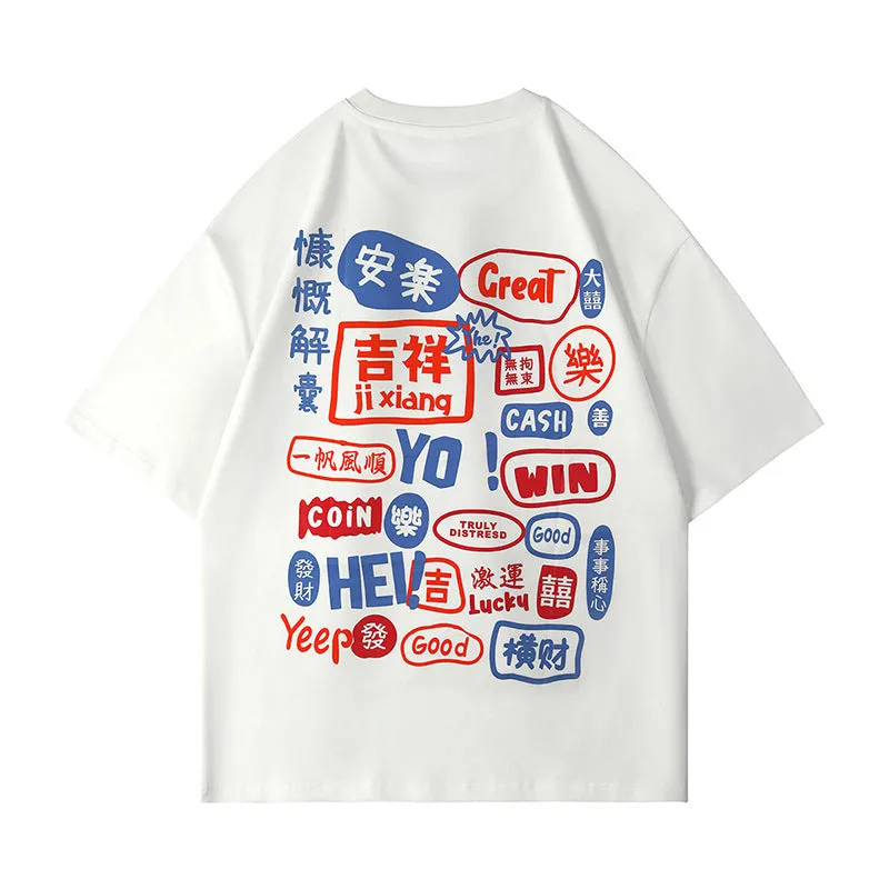 Men manga graphic cotton t-shirt with Harajuku graffiti print in black, round neck short sleeve summer top