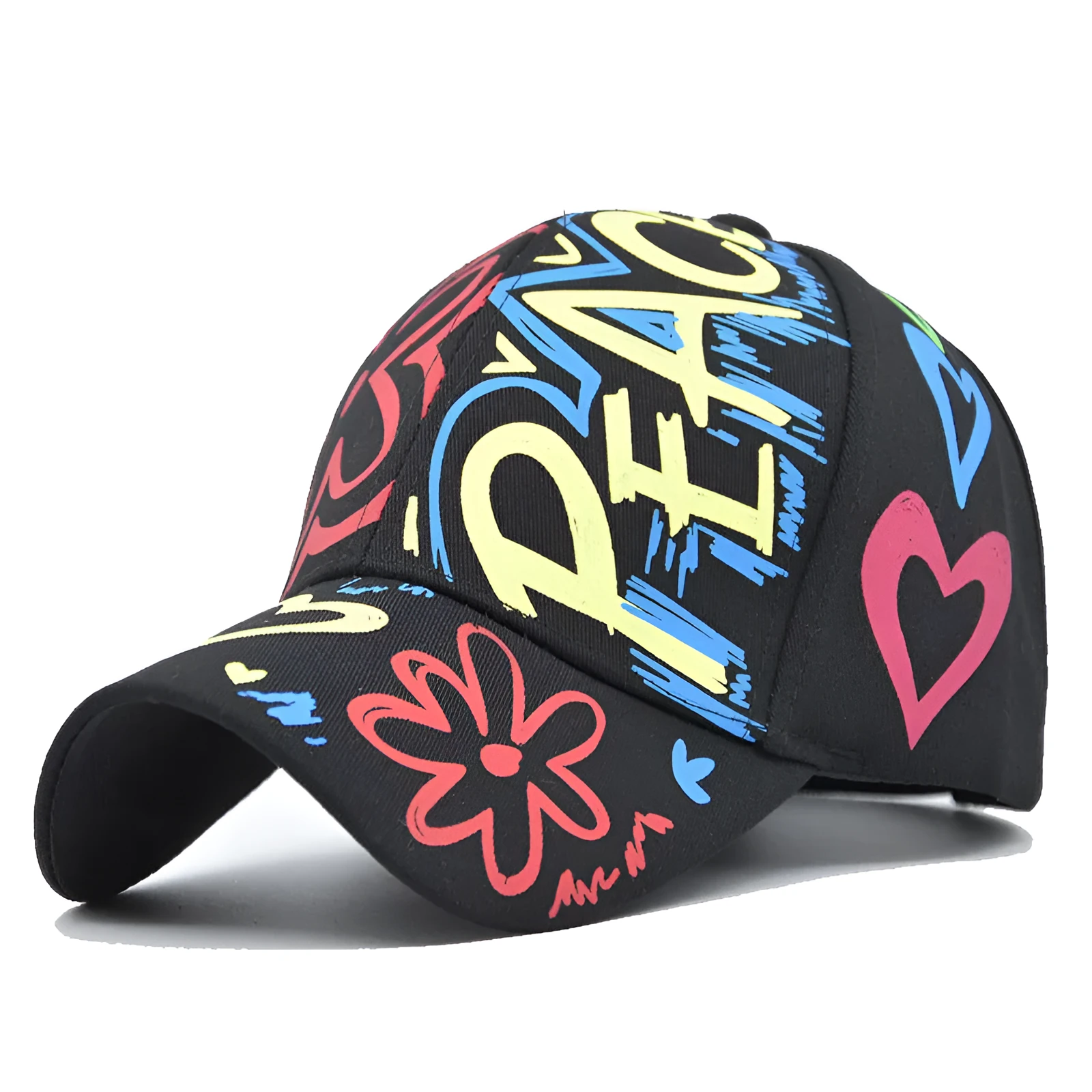 Cotton twill alphabet baseball cap in red, black, white, and pink options with adjustable strap