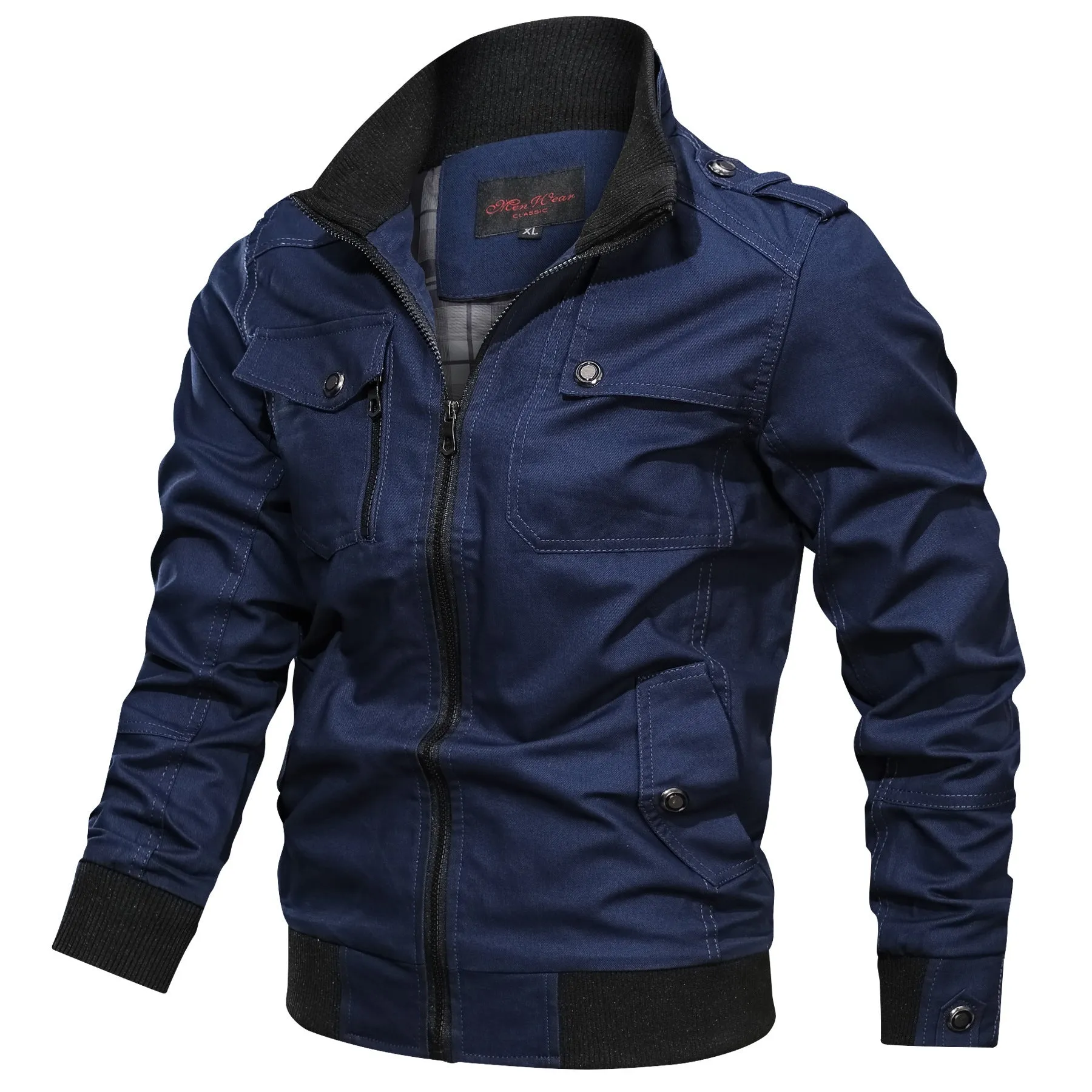 Cotton men's stand collar jacket in solid colour with side pockets available in multiple sizes