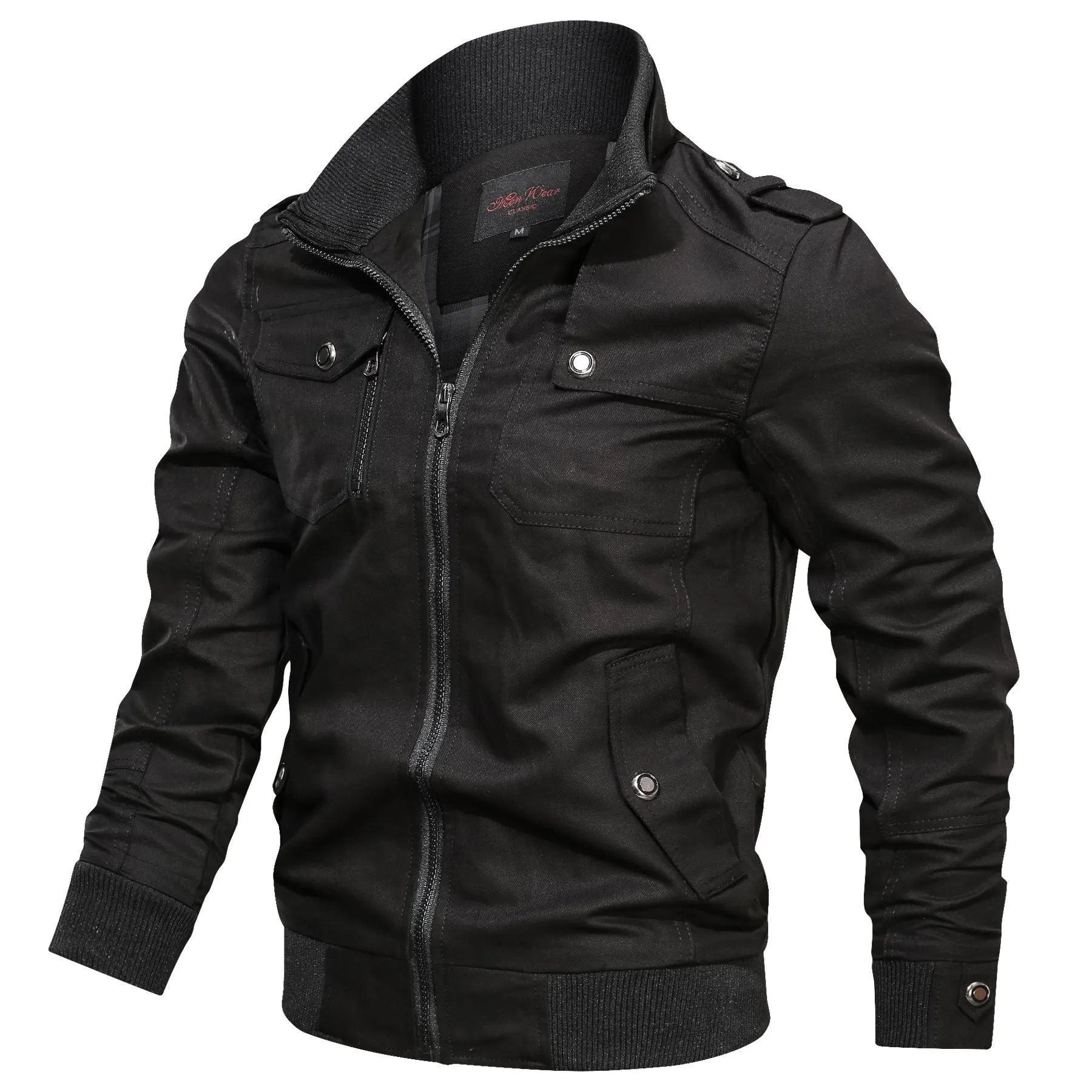 Cotton men's stand collar jacket in solid colour with side pockets available in multiple sizes
