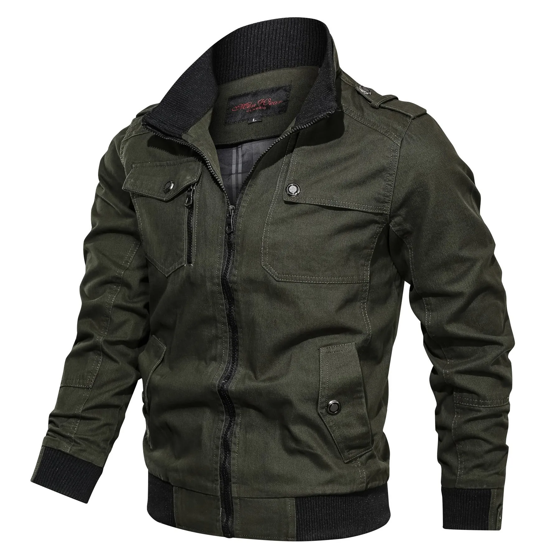 Cotton men's stand collar jacket in solid colour with side pockets available in multiple sizes