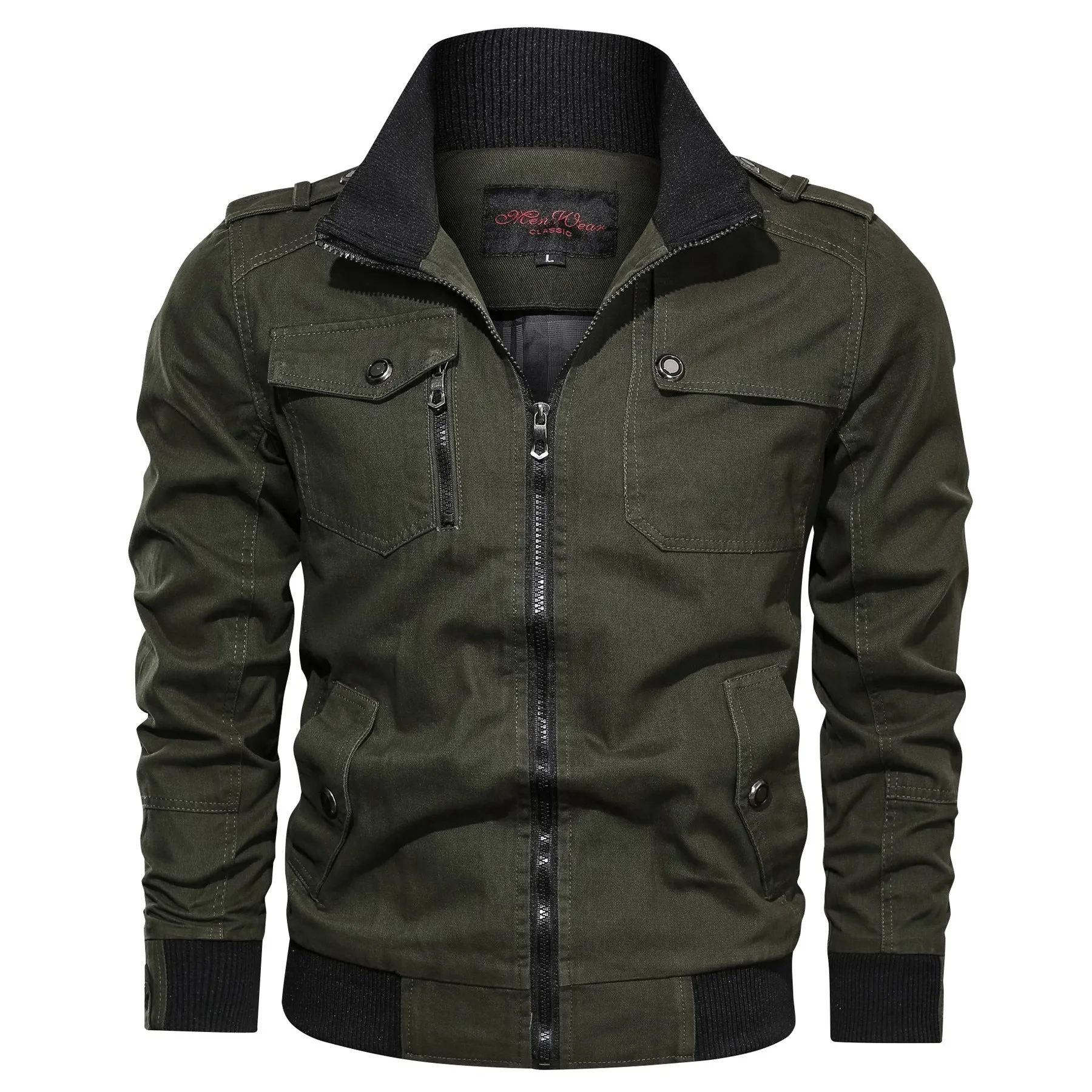Cotton men's stand collar jacket in solid colour with side pockets available in multiple sizes