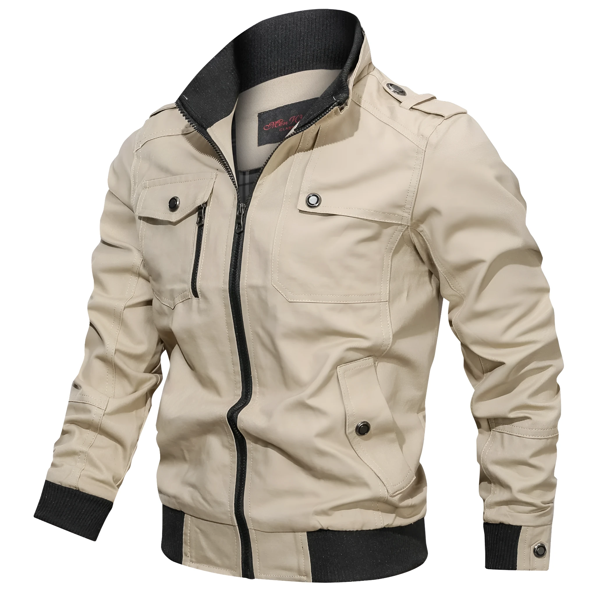 Cotton men's stand collar jacket in solid colour with side pockets available in multiple sizes