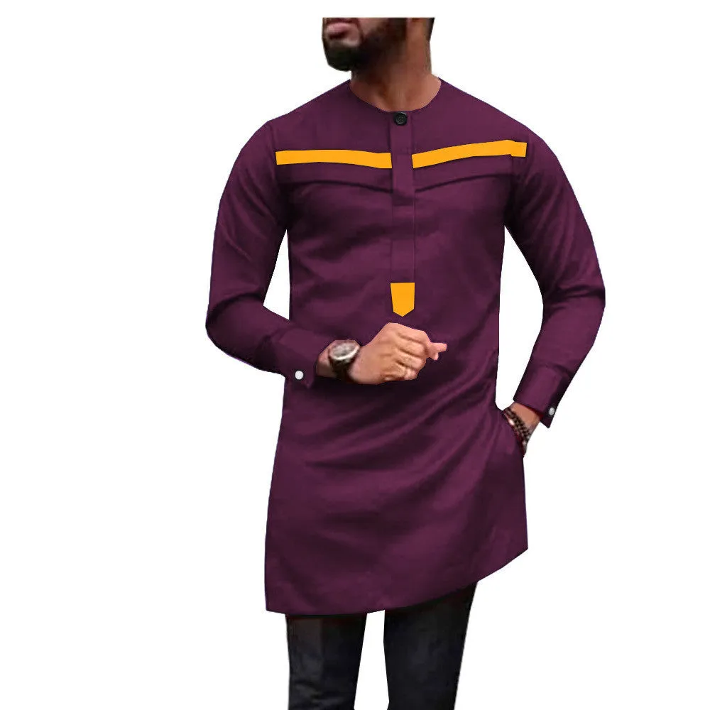 African men's slim two-piece suit in blue with white bar pattern, 100% cotton long sleeve