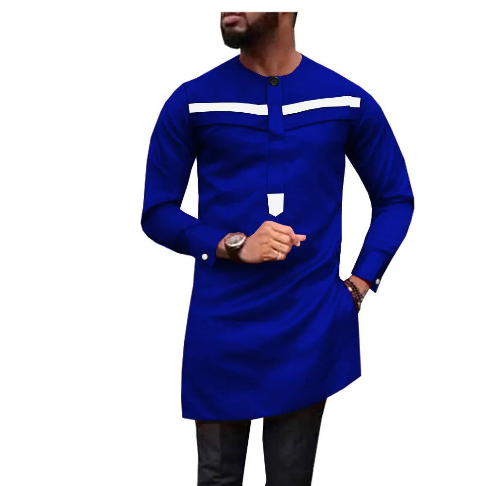 African men's slim two-piece suit in blue with white bar pattern, 100% cotton long sleeve