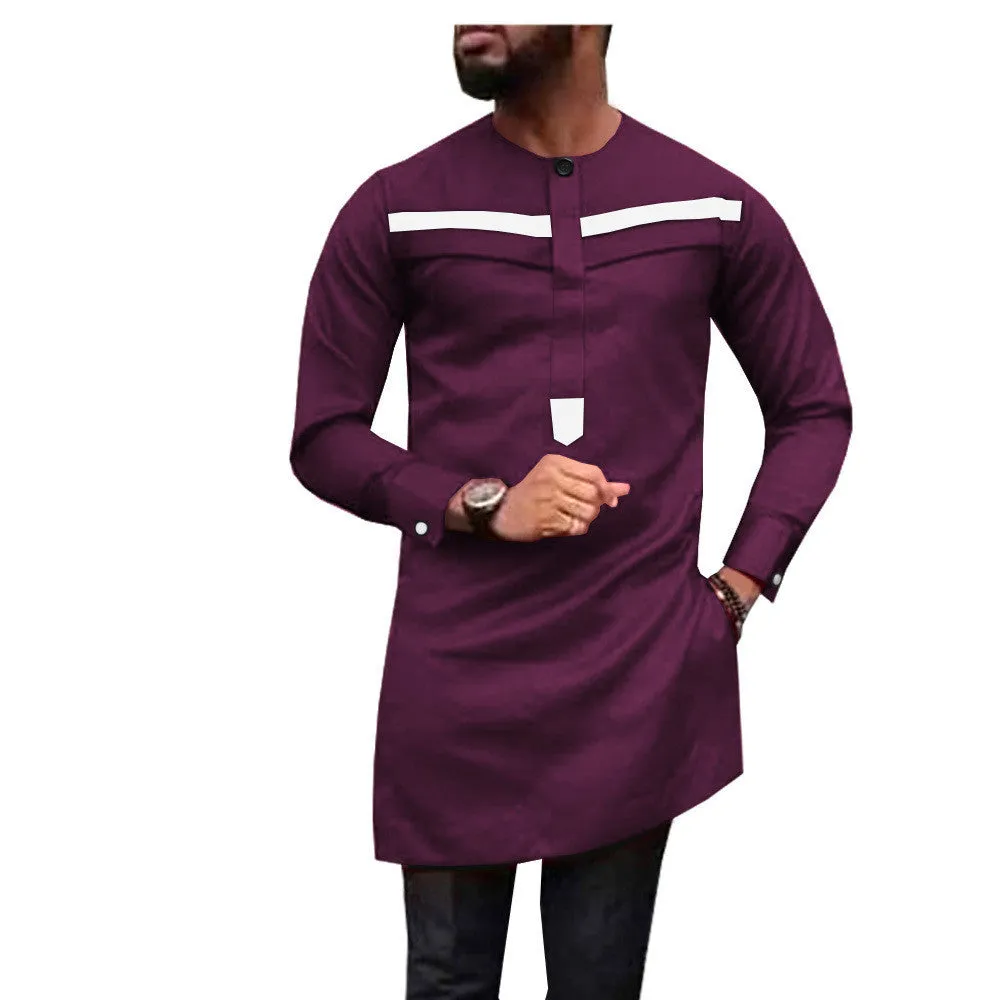 African men's slim two-piece suit in blue with white bar pattern, 100% cotton long sleeve