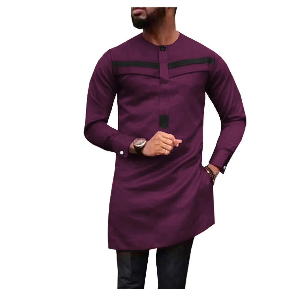 African men's slim two-piece suit in blue with white bar pattern, 100% cotton long sleeve
