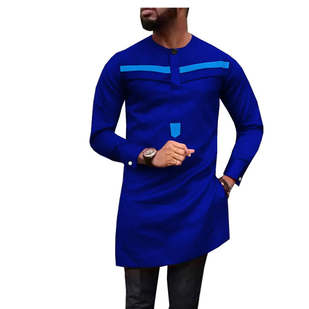 African men's slim two-piece suit in blue with white bar pattern, 100% cotton long sleeve