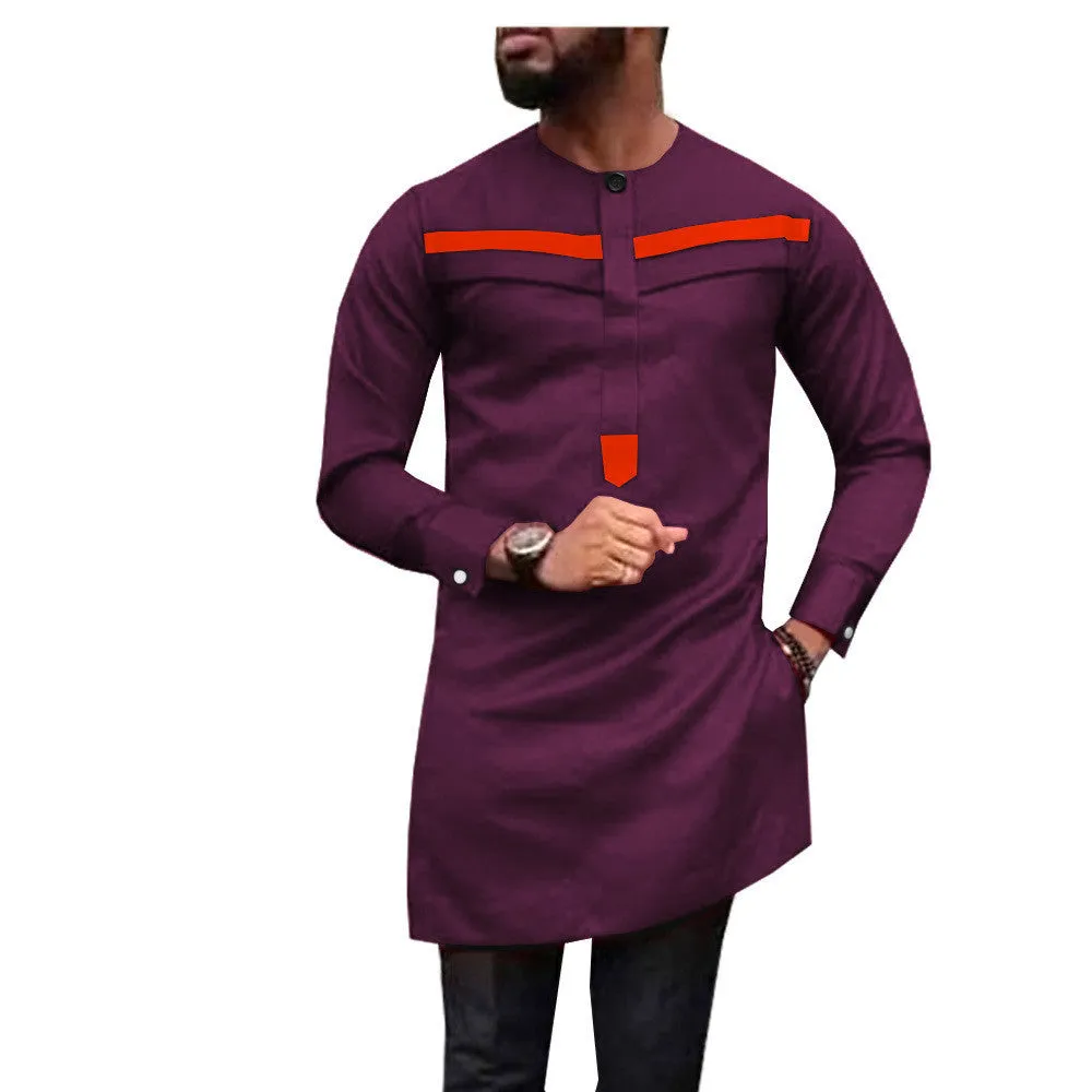African men's slim two-piece suit in blue with white bar pattern, 100% cotton long sleeve