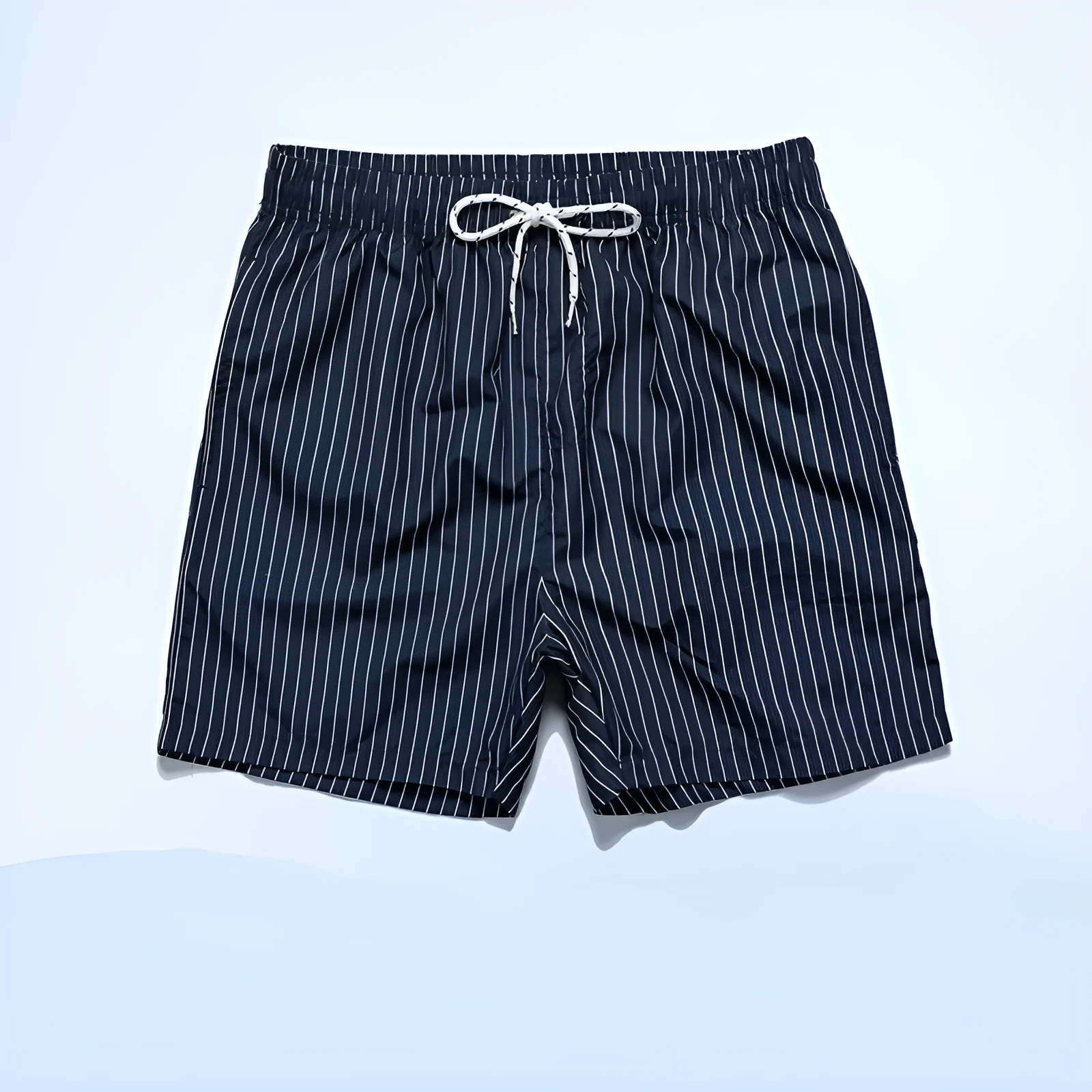 Polyester fibre striped beach shorts with straight leg openings and triangle lining in multiple colours