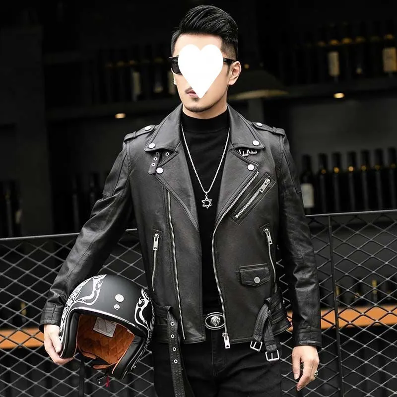 Men's black sheepskin leather jacket with lapel collar and front zip, loose fit