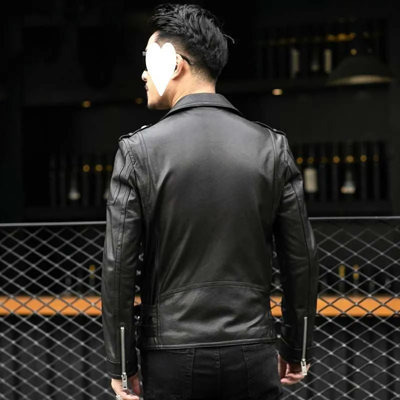 Men's black sheepskin leather jacket with lapel collar and front zip, loose fit